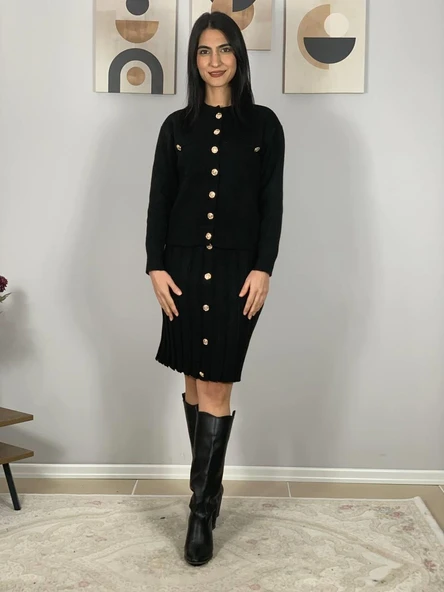 Kadın Gold Düğmeli Triko Pileli Etek Hırka Takım (Siyah) - 2