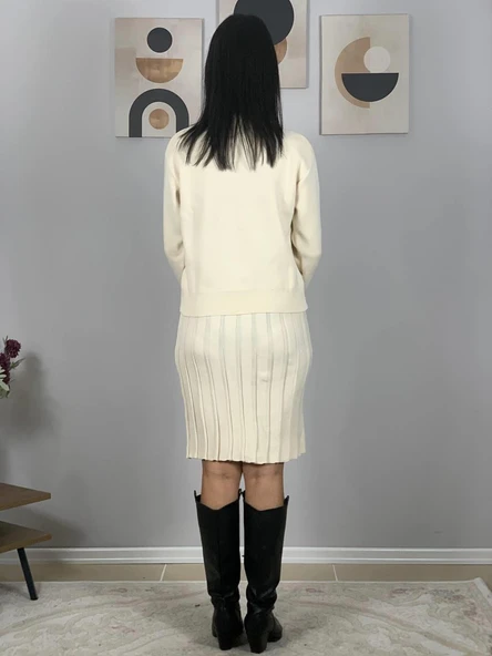 Kadın Gold Düğmeli Triko Pileli Etek Hırka Takım (Krem) - 5