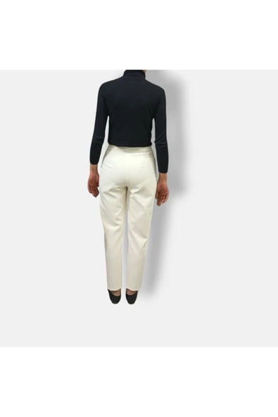 Dirhem Krem slim fit yüksek bel pantolon - 3