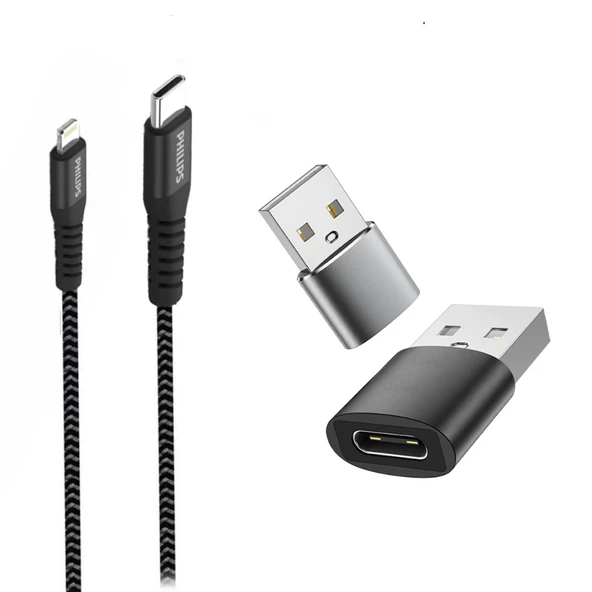 Philips Apple MFI Lisanslı 6A 100W Usb-C to Lightning 2Metre Data ve Şarj Kablosu DLC5206L/00 + ScHitec UsbA to Type-C 3.1 Otg Çevirici Dönüştürücü Adaptör