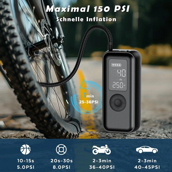 Elektrikli Hava Pompası, Bisiklet Pompası, Elektrikli, 150 Psi, 6000 MAh Pilli Hava Pompası - 3