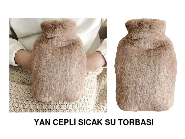 SICAK SU TORBASI YAN CEPLİ BEJ  PELUŞ TERMOFOR 27x17x2cm  750ml