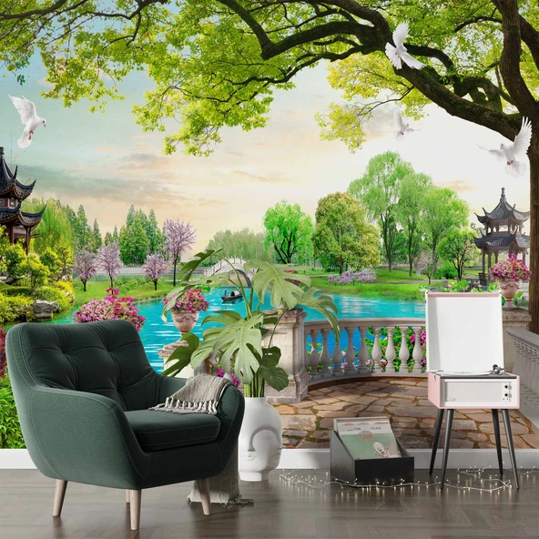 Göl Kuş Balkon Manzaralı Duvar Kağıdı - Resim 6