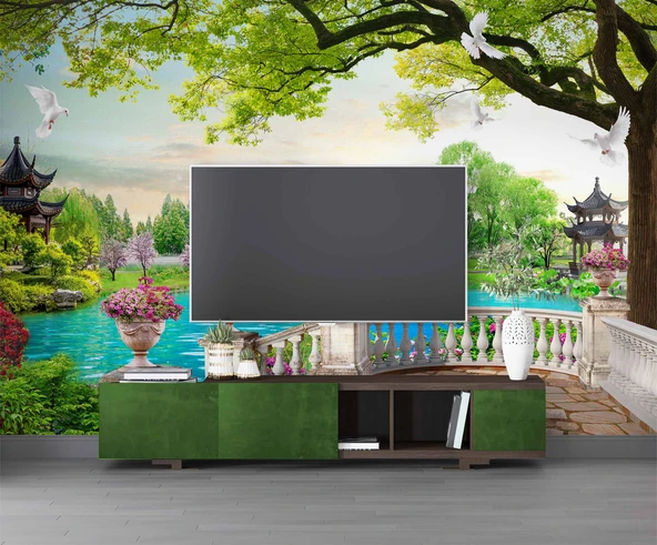 Göl Kuş Balkon Manzaralı Duvar Kağıdı - Resim 3