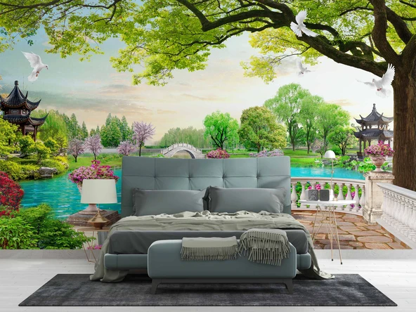 Göl Kuş Balkon Manzaralı Duvar Kağıdı - Resim 2