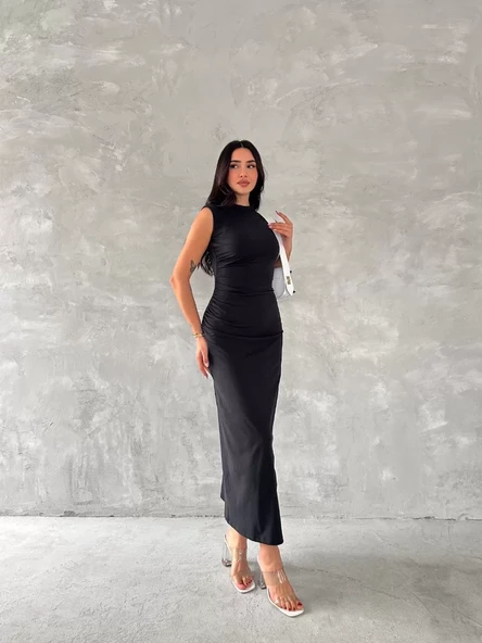 Kolsuz Yırtmaçlı Uzun maxı boy Elbise - Siyah - 3