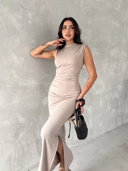 Kolsuz Yırtmaçlı Uzun maxı boy Elbise - Bej - 4