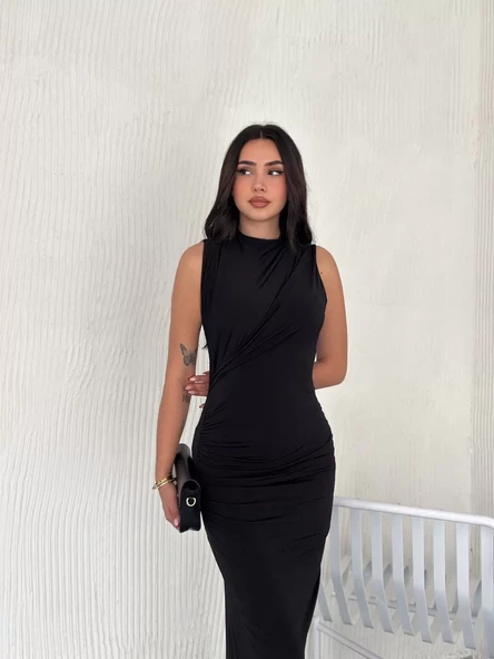 Yandan Buzgulu Kolsuz Yırtmaçlı Uzun Elbise - Siyah - 2