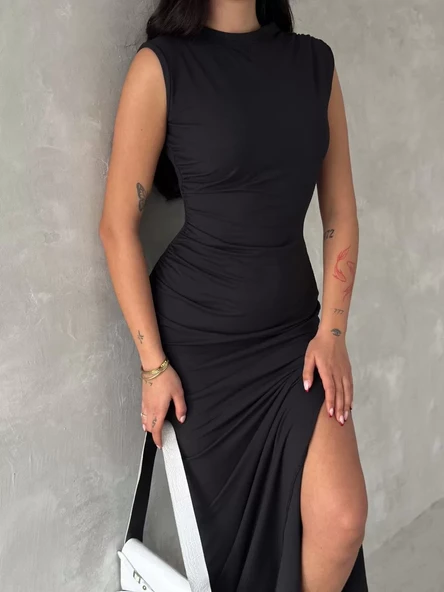 Kolsuz Yırtmaçlı Uzun maxı boy Elbise - Siyah - 2