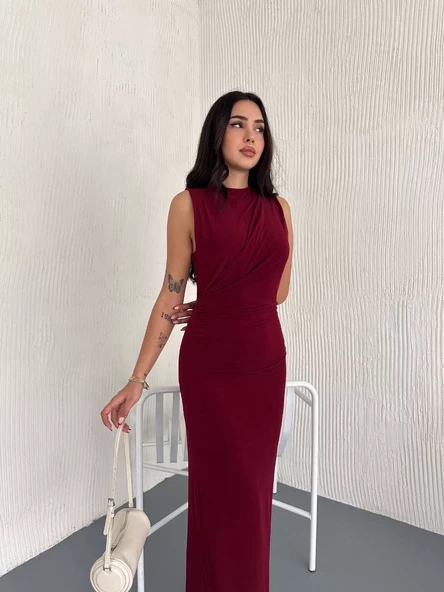 Yandan Buzgulu Kolsuz Yırtmaçlı Uzun Elbise - Bordo - 3