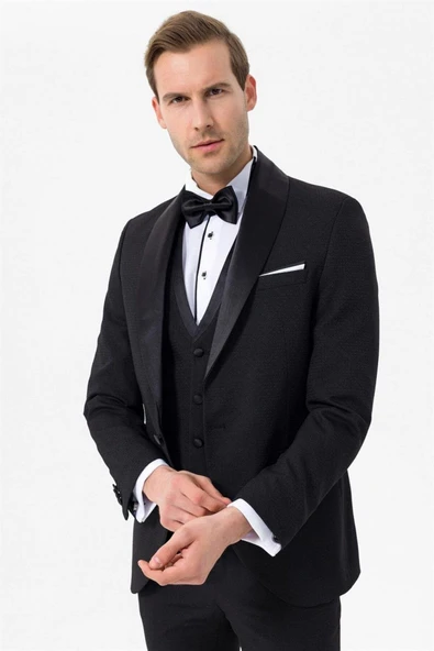 Süvari Dar Kalıp Yelekli Tek Düğmeli Siyah Damatlık