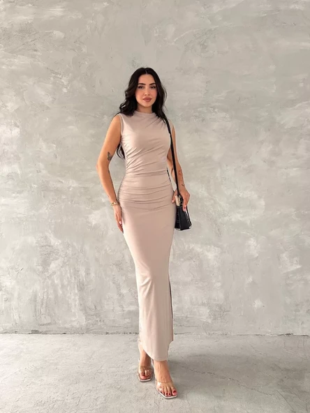 Kolsuz Yırtmaçlı Uzun maxı boy Elbise - Bej - 7