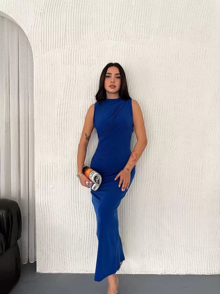 Yandan Buzgulu Kolsuz Yırtmaçlı Uzun Elbise - Mavi - 5
