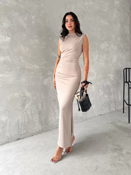 Kolsuz Yırtmaçlı Uzun maxı boy Elbise - Bej - 5
