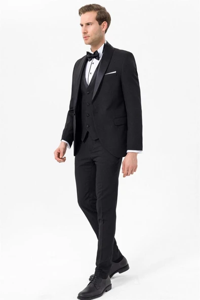 Süvari Dar Kalıp Yelekli Tek Düğmeli Siyah Damatlık - 5