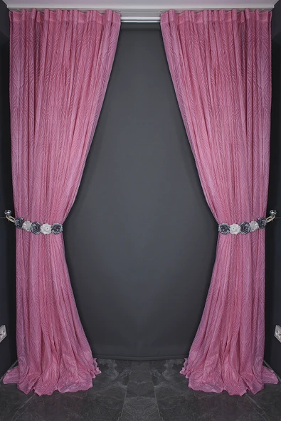 KDK 2580 DESEN PEMBE RENK TEK KANAT Hazır dikilmiş Pileli Fon Perde 300*260 cm - Resim 7