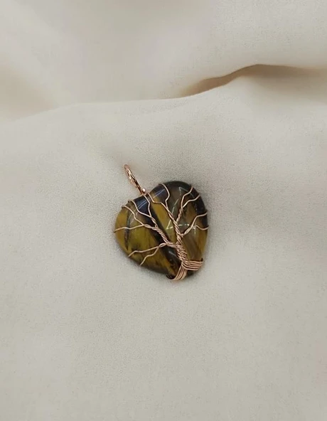 Hayat Ağacı Kalp Kaplan Gözü Kolye Ucu Tel Sarma Kalp Kolye Ucu Kadın Kız Takı Gerdanlık Düğün Nişan - 4