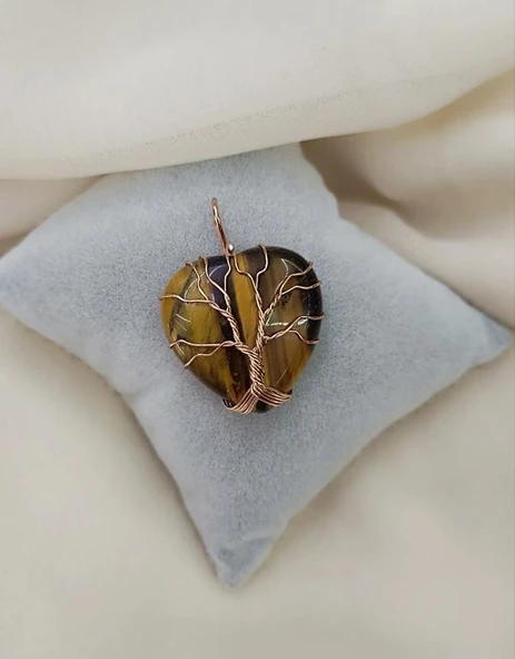 Hayat Ağacı Kalp Kaplan Gözü Kolye Ucu Tel Sarma Kalp Kolye Ucu Kadın Kız Takı Gerdanlık Düğün Nişan