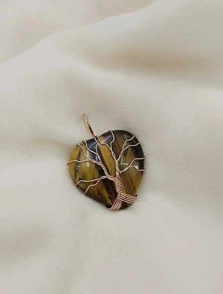 Hayat Ağacı Kalp Kaplan Gözü Kolye Ucu Tel Sarma Kalp Kolye Ucu Kadın Kız Takı Gerdanlık Düğün Nişan - 3