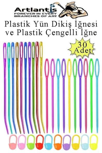 Düz ve Kıvrımlı Plastik Yün İğnesi ve Çengelli İğne 30 Adet 1 Paket Plastik Dikiş Dokuma İğne Kavisli İplik İğne Goblen