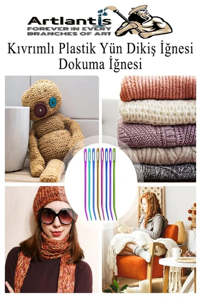 Düz ve Kıvrımlı Plastik Yün İğnesi 50 Adet 1 Paket Plastik Dikiş Dokuma İğnesi Kavisli İplik İğne Goblen - 6