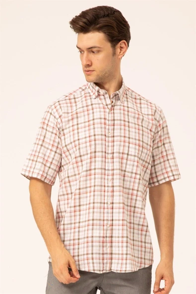 Süvari Bol Kesim Kırmızı Desenli Cepli Tam Pamuk Erkek Kısa Kollu Gömlek - 3