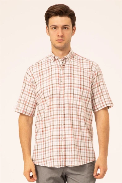 Süvari Bol Kesim Kırmızı Desenli Cepli Tam Pamuk Erkek Kısa Kollu Gömlek