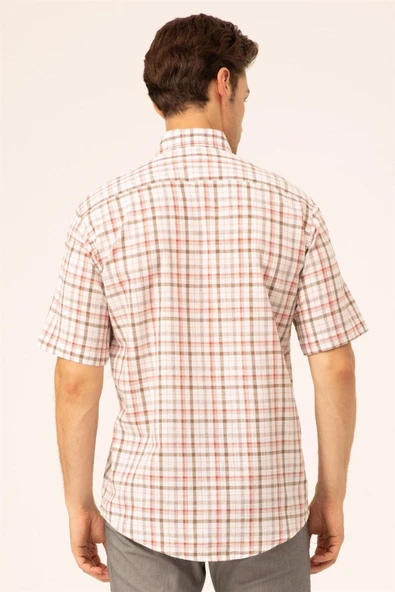 Süvari Bol Kesim Kırmızı Desenli Cepli Tam Pamuk Erkek Kısa Kollu Gömlek - 5