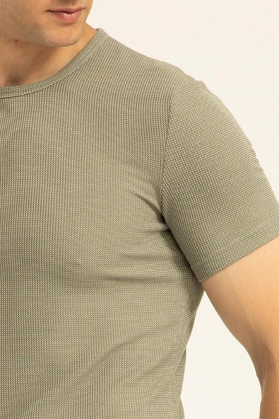 Süvari Slim Fit Waffle Desenli O Yaka Açık Yeşil Tshirt - 3