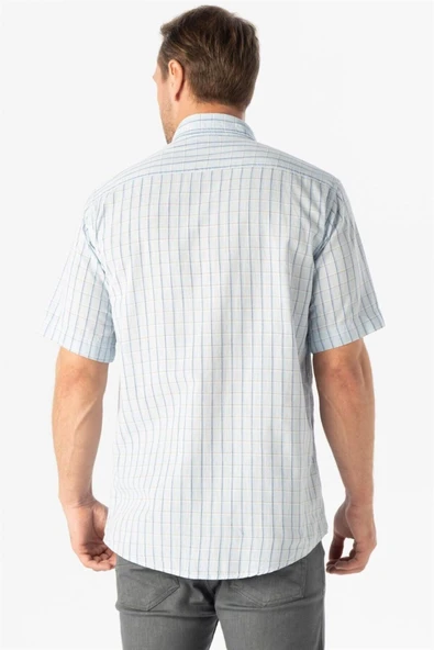 Süvari Bol Kesim Desenli Mavi Kısa Kollu Erkek Gömlek - Resim 4