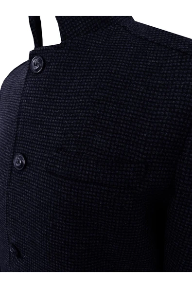 Süvari Rahat Kalıp Armürlü Yünlü Lacivert Hakim Yaka Erkek Kaban - 2