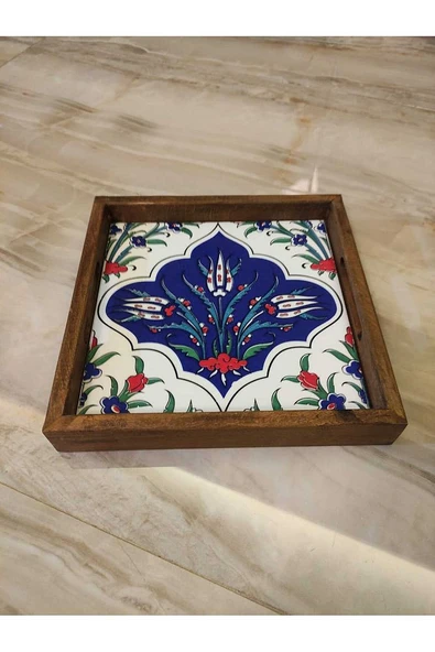20 X 20 Cm Nihale Çini Mia-83t Ahşap Fırınlanmış Kuru Kayın Çinili Sunum Tepsisi - 11