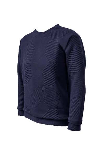 Süvari Bol Kesim O Yaka Kapitone Etnik Desenli Lacivert Sweatshirt - 2