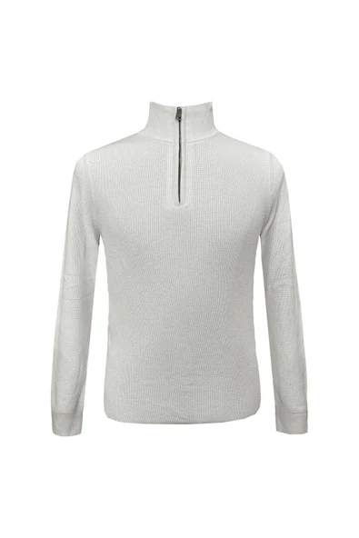 Süvari Dik Yaka Yarım Fermuarlı Beyaz Örgü Triko