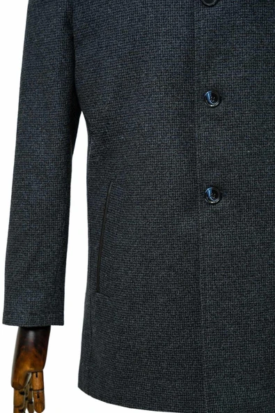 Süvari Rahat Kalıp Hakim Yaka Armürlü Yünlü Siyah Kaban - 4