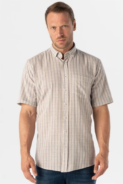 Süvari Bol Kesim Desenli Mavi Kısa Kollu Erkek Gömlek - Resim 8