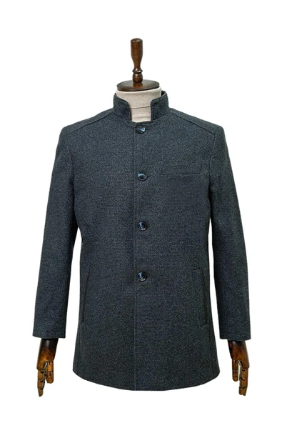 Süvari Rahat Kalıp Hakim Yaka Armürlü Yünlü Siyah Kaban - 3