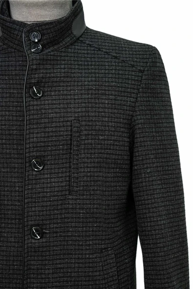 Süvari Rahat Kalıp Hakim Yaka Kareli Yünlü Siyah Kaban - 4