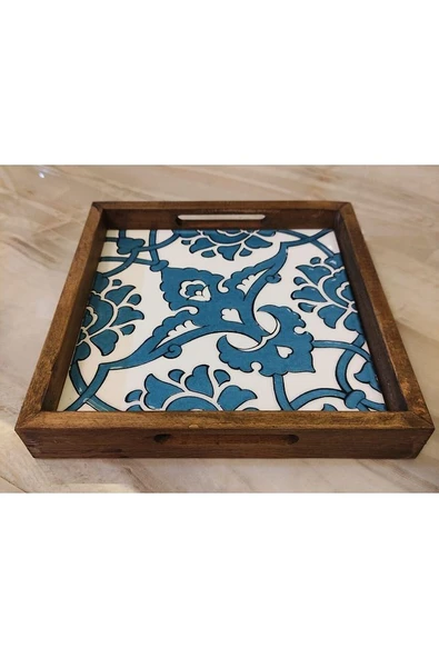 20 X 20 Cm Nihale Çini Mia-83t Ahşap Fırınlanmış Kuru Kayın Çinili Sunum Tepsisi - 2