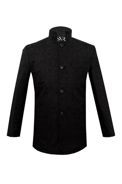 Süvari Rahat Kalıp Hakim Yaka Armürlü Yünlü Siyah Kaban