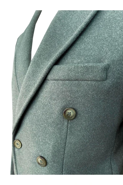 Süvari Dar Kesim Yeşil Kruvaze Yumuşak Dokulu Erkek Kaban - 2