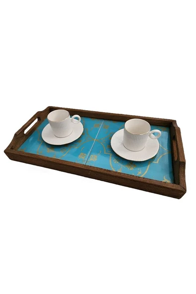 Saraylı Altın Çini Ahşap Fırınlanmış Kuru Kayın Çinili Sunum Tepsi 20x40 Cm - 2