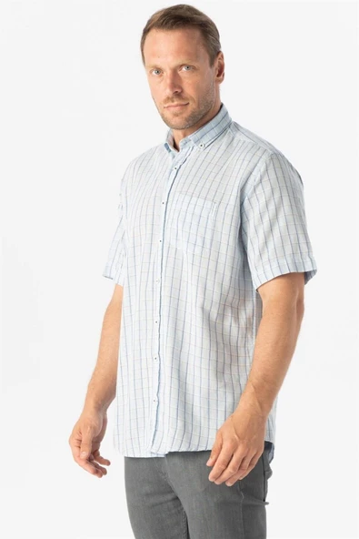 Süvari Bol Kesim Desenli Mavi Kısa Kollu Erkek Gömlek - Resim 2