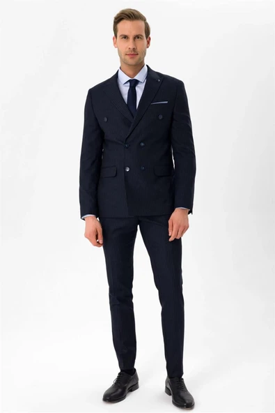 Süvari Dar Kesim Çizgili Lacivert Kruvaze Takım Elbise - 6