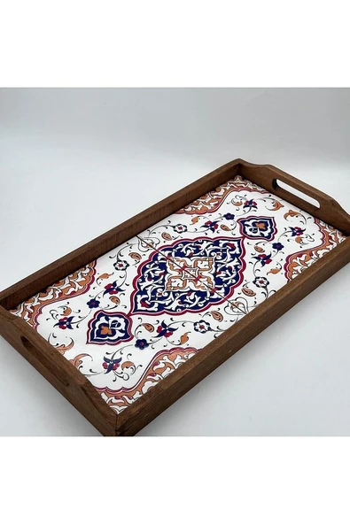 Saraylı Altın Çini Ahşap Fırınlanmış Kuru Kayın Çinili Sunum Tepsi 20x40 Cm - 9