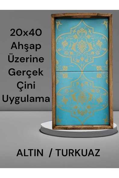 Saraylı Altın Çini Ahşap Fırınlanmış Kuru Kayın Çinili Sunum Tepsi 20x40 Cm - 7