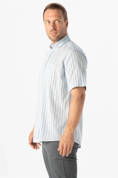 Süvari Bol Kesim Desenli Mavi Kısa Kollu Erkek Gömlek - Resim 5