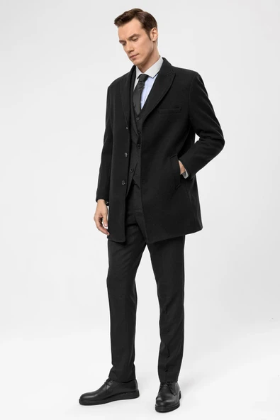 Süvari Slim Fit Yünlü Sivri Yaka Antrasit Erkek Kaban - 7