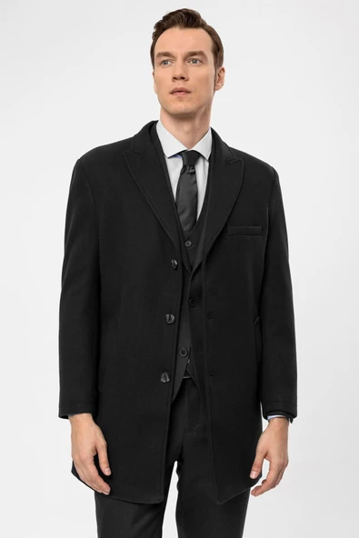 Süvari Slim Fit Yünlü Sivri Yaka Antrasit Erkek Kaban - 2