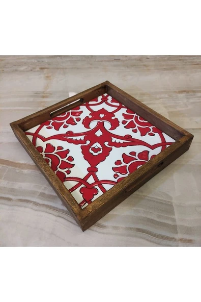 20 X 20 Cm Nihale Çini Mia-83t Ahşap Fırınlanmış Kuru Kayın Çinili Sunum Tepsisi - 8